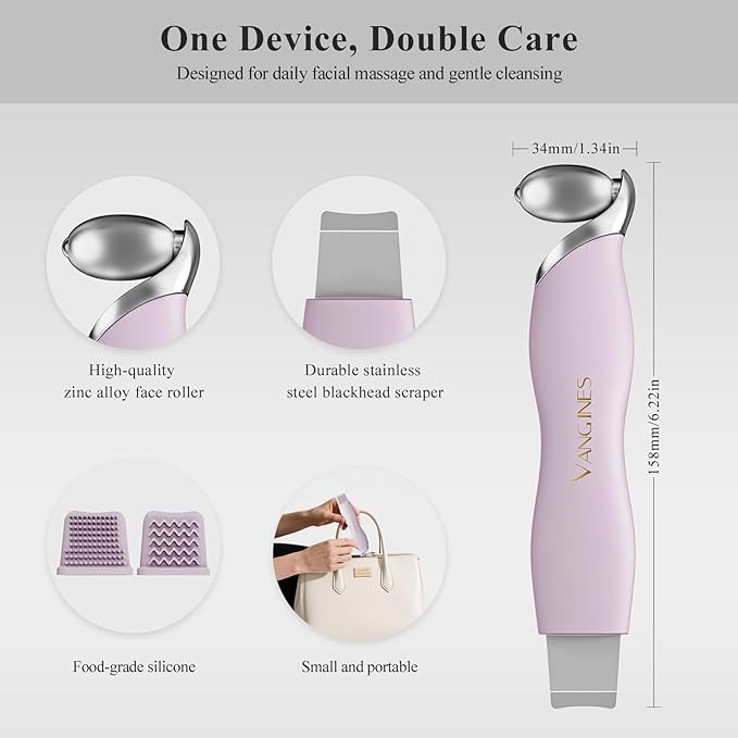 Blackhead Scraper Tool & Skin Scrubber Face Spatula for Blackhead Removal, Pore Cleaning, with Cooling Ice Roller & 2 Silicone Brush Heads (Berry Mauve)
