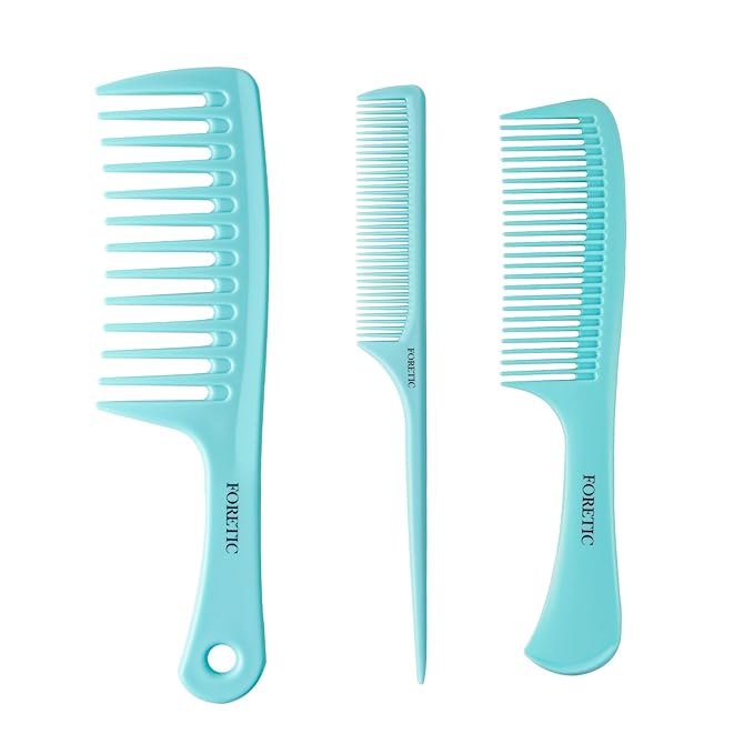 Hair Comb 3-in-1 Plastic Hair Comb Set For Women, Men - Wide Tooth, Rat Tail, and Regular Tooth Detangling Hair Combs for All Hair Types-Blue