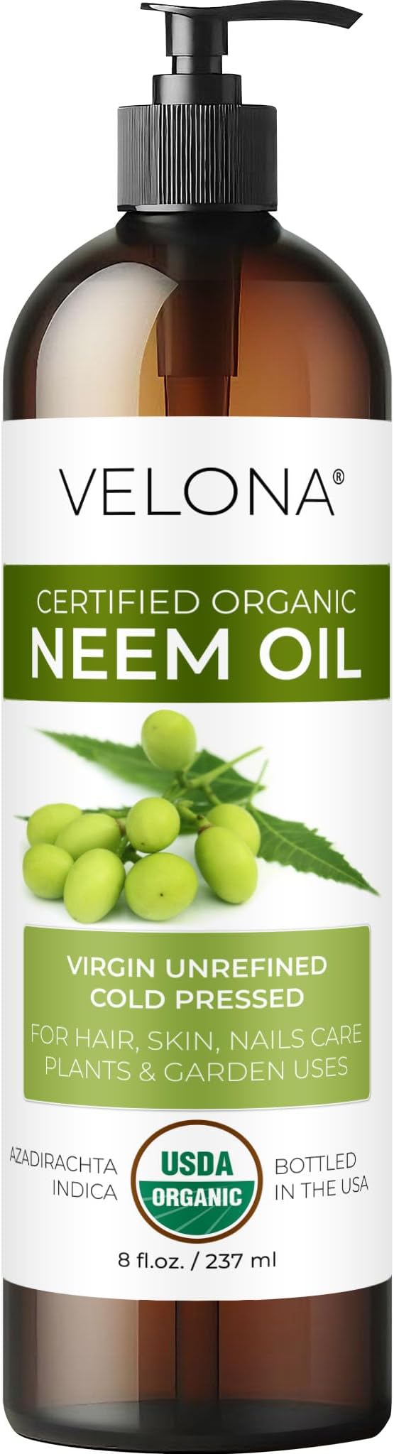 velona Neem Oil USDA Certified Organic - 8 Fl Oz | 100% Pure and Natural Carrier Oil | Virgin, Unrefined, Cold Pressed | Hair, Body and Skin Care | Use Today - Enjoy Results