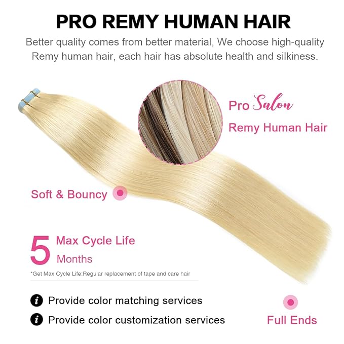 SUYYA Tape in Hair Extensions Remy Human Hair 18 inches 50g/pack 20pcs Straight Seamless Skin Weft Tape Hair Extensions(18 inches #613 Bleach Blonde)