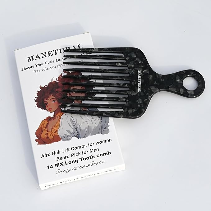 14MX Hair and Beard Wide Tooth Comb for Women and Men, Cellulose Acetate, Curly Thick Afro Hair Styles, 5.5 inches(14 cm), Black, 1 PACK