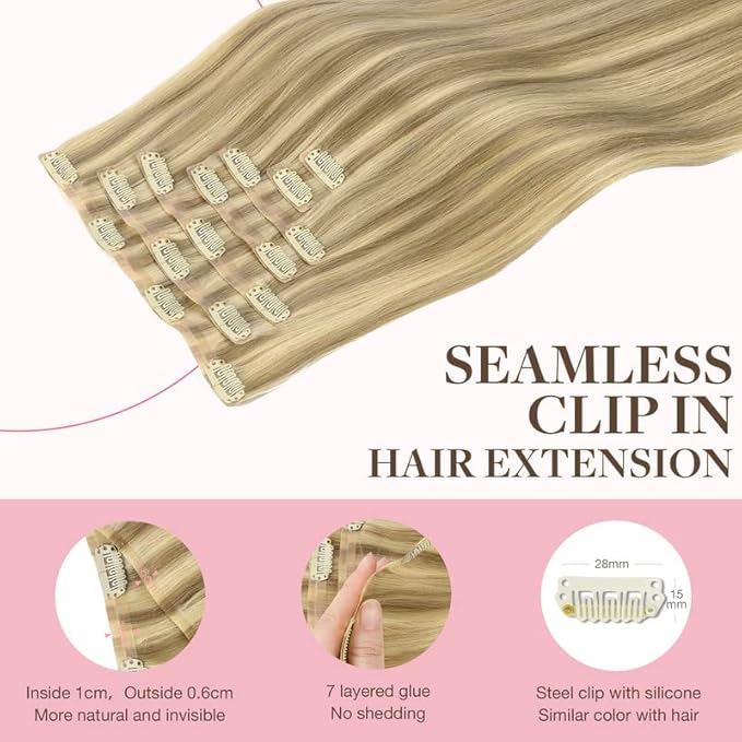 GOO GOO Clip in Hair Extensions Real Human Hair, Remy Human Hair Extensions Clip ins for Women, Natural Human Hair, 16inch 110g 7Pcs, 16/22 Light Blonde Highlighted Golden Blonde