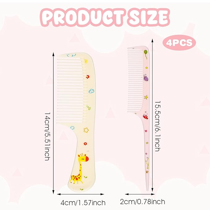 4Pcs Toddler Comb Set, Small Cute Fine Tooth Comb & Rat Tail Comb for Kids Styling, Mini Hair Combs Plastic Parting Combs, Anti-Static Hairdressing Combb for Baby Girl Wet Dry Hair (Pink Yellow)