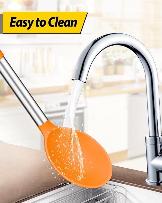 Pack of 2 Large Silicone Cooking Spoons,Non Stick Solid Basting Spoon,Heat-Resistant Kitchen Utensils for Mixing,Serving,Draining,Stirring (ORANGE)