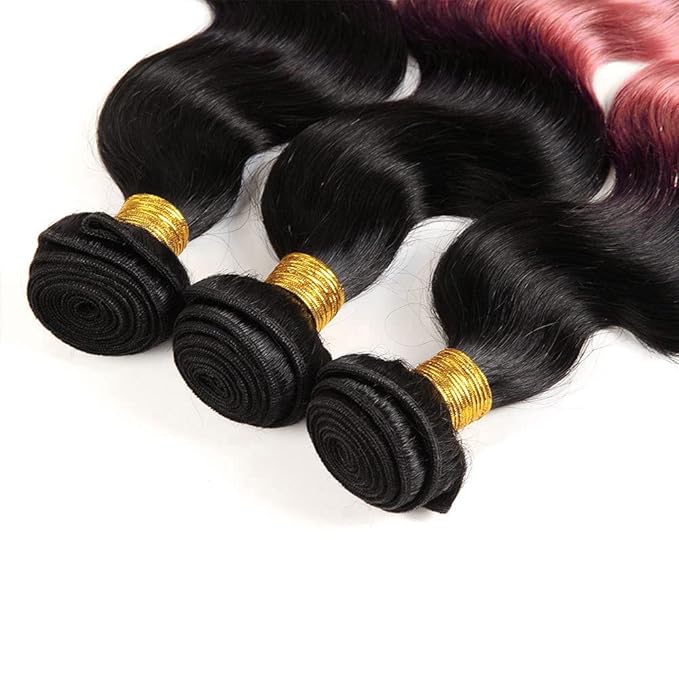 Ombre Bundles Human Hair 1Bpink Body Wave Bundle Brazilian Virgin Remy Hair 3 Bundles 24 26 28 Inch Double Weft 2 Tone Black and Pink Body Wave Bundle Hair Weave 300g