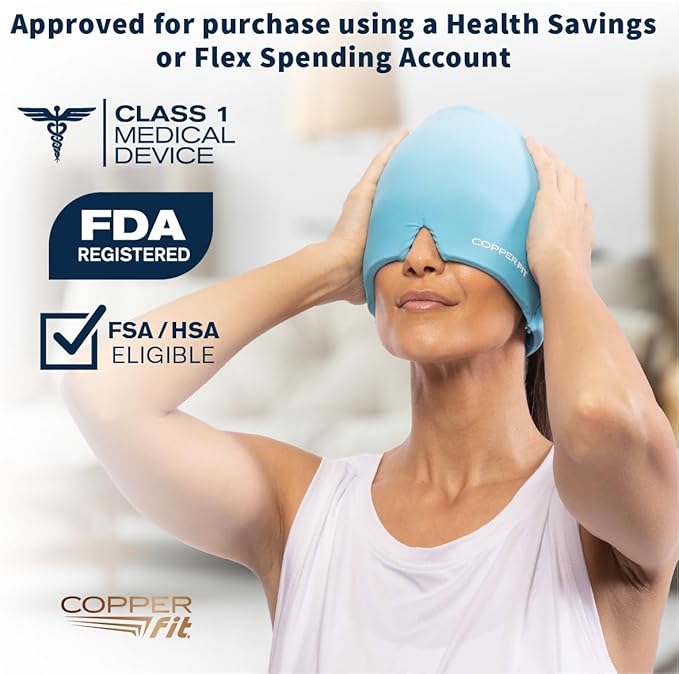Copper Fit Rapid Relief PRO Migraine Headache Relief Cap, Soothing Ice Pack Mask Products, Cooling Gel Hat, Face Cold Compress Head Wrap for Tension, Stress, Sinus, Hangover– Class 1 Medical Device