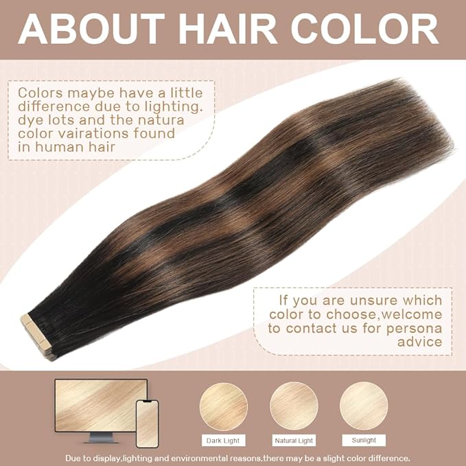 Tape in Hair Extensions Human Hair Natural Black Mixed Chestnut Brown 22 Inch 20Pcs Tape Ins for Women Straight Invisible Seamless Remy