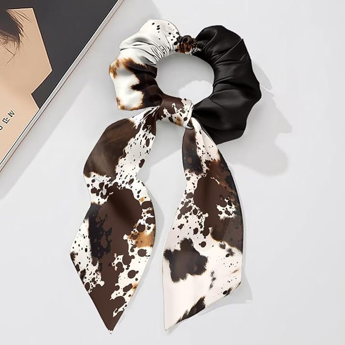 Cow Print Pack of 2 Knotted Bow Hair Scrunchies Elastic Hair Scarf Fashion Bow Scrunchy Aesthetic Ponytail Scrunchies with Ribbon
