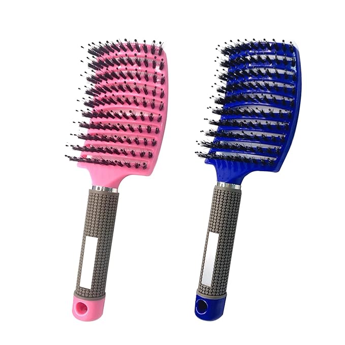 2 Pack Boar Bristle Hair Brush - No Pull Curved Vented Detangler for Fast Blow Drying - For Kids, Men, Women With Wet Dry Long, Thin, Thick, Curly Tangled Hair (Pink+Blue)
