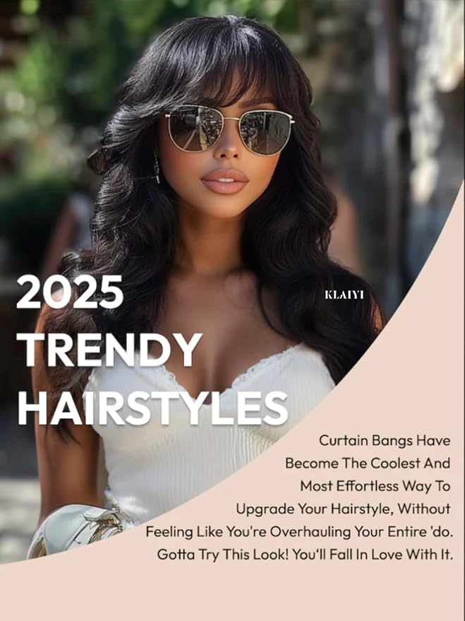 KLAIYI Fluffy Body Wave Curtain Bang Wig Bye Bye Knots Glueless Pre Cut 7x5 Lace Front Wigs Human Hair Loose Wave Pre Bleached Pre Plucked Pre Everything 3S Easy to Wear and Go Wig 180% Density 16Inch