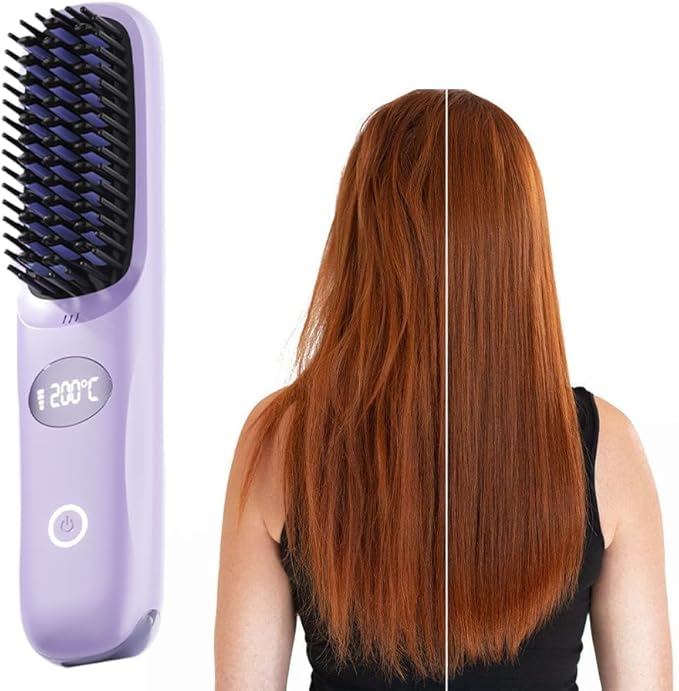 Cordless Hair Straightener Brush: Portable Rechargeable Heated Straightening Comb with LED Display & 3 Temperature Settings - Travel Hair Brush for Smooth Frizz-Free Styling (Purple)