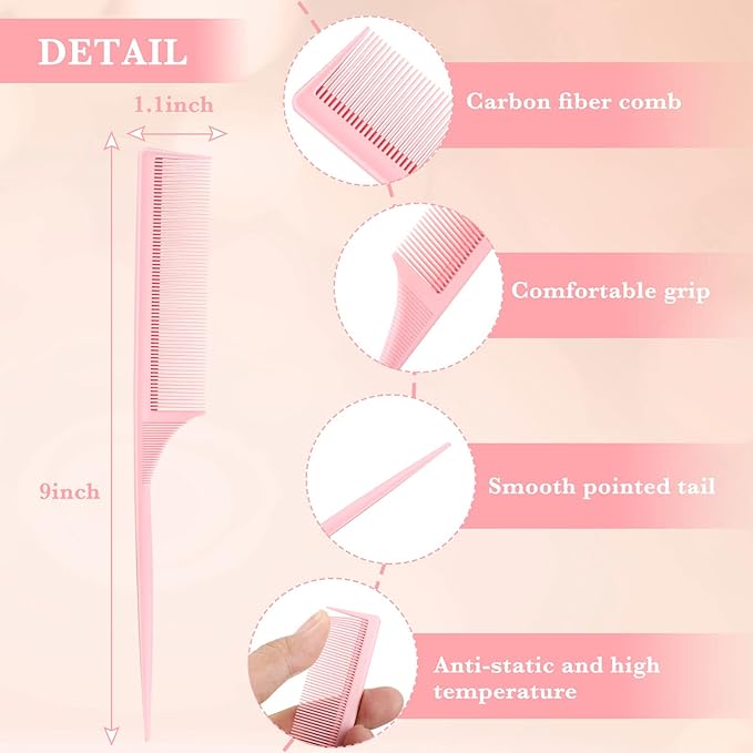 Leinuosen 10 Pcs Rat Tail Comb Styling Carbon Heat Resistant Anti Static Teasing Comb for Back Root Tease Adding Volume Evening Styling(Assorted Color)
