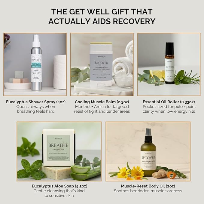 Get Well Soon Gift Baskets for Women Self Care | 5-Piece Get Well Gifts for Women, Surgery Recovery Items with Eucalyptus Shower Spray, Arnica Body Oil, Sore Muscles Balm, Bar Soap, EO Roller.