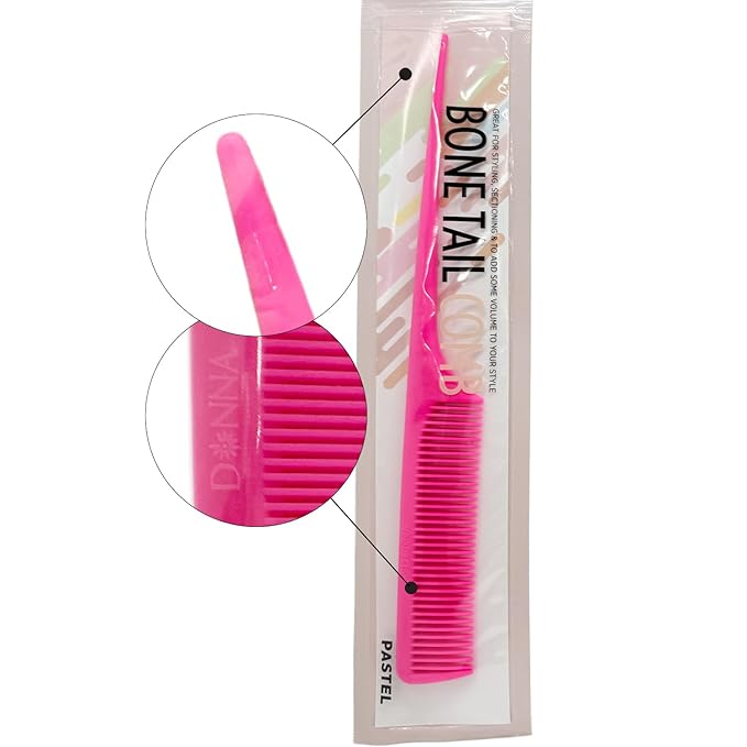 DONNA Bone Tail Comb – Assorted Color Pastel Styling Comb for Sectioning, Volume & Parting – Fine Tooth Hair Comb for Women, Men & Professionals (PINK)