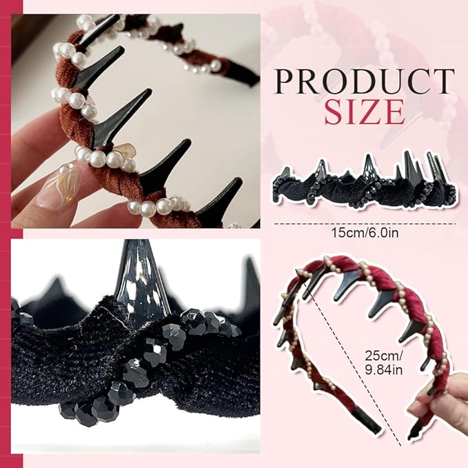 Vintage High Cranium Artificial Pearl Hairband, New Elegant Braided Pearls Headbands with Teeth for Women, Anti-slip Decorative Hair Bands Fashion Hair Accessories Gifts (Black+Burgundy, One Size)