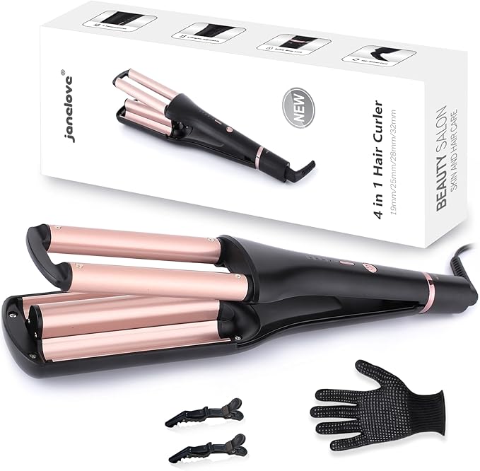janelove 4 in 1 Hair Crimper, Hair Waver, Beach Waves Curling Iron Create 4 Types of Waves 0.75 & 1 & 1.1& 1.25 Inch, for Water/Mermaid/Beach/Deep defned Waves, 4 Temps with LED Display