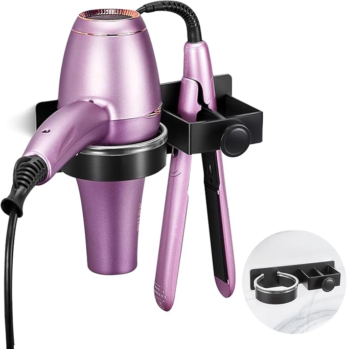 Hair Straightener Holder Wall, Thickened Blow Dryer Holder Wall Mounted Stainless Steel Hairdryer Holder for Bathroom, Hair Tools Organizer & Storage Curling Iron Holder (Black)