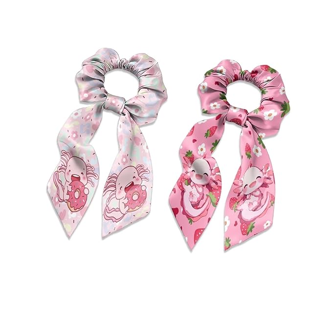 Pack Of 2 Axolotl Elastic Ribbon Hair Ties Floral Strawberry Long Ponytail Scrunchies for Curly Hair Stylish Scarf Scrunchy Womens No Damage Knotted Bow
