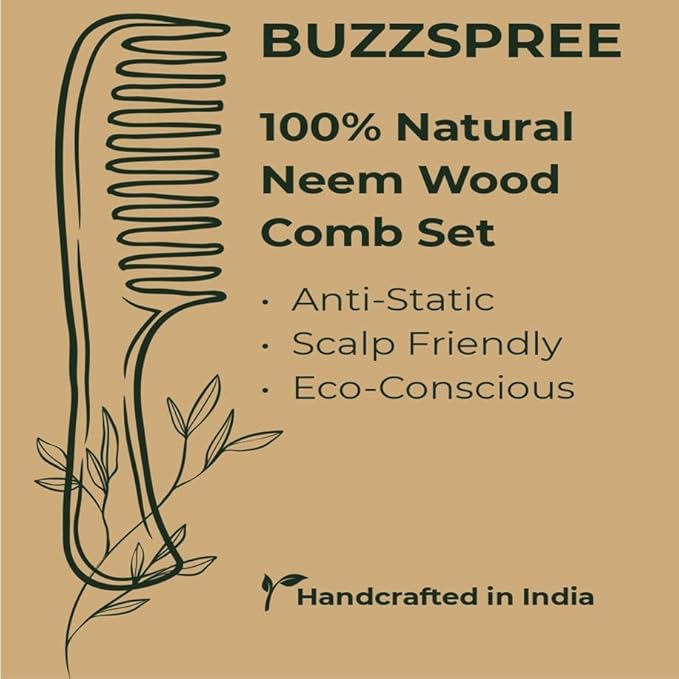 Natural Neem Wood Comb Set of 2 [Plain Lily & Shampoo comb]– Wide & Fine Tooth Handmade Wooden Hair Combs for Men & Women | Eco-Friendly, Plastic-Free, Scalp care for Gentle Hair Care
