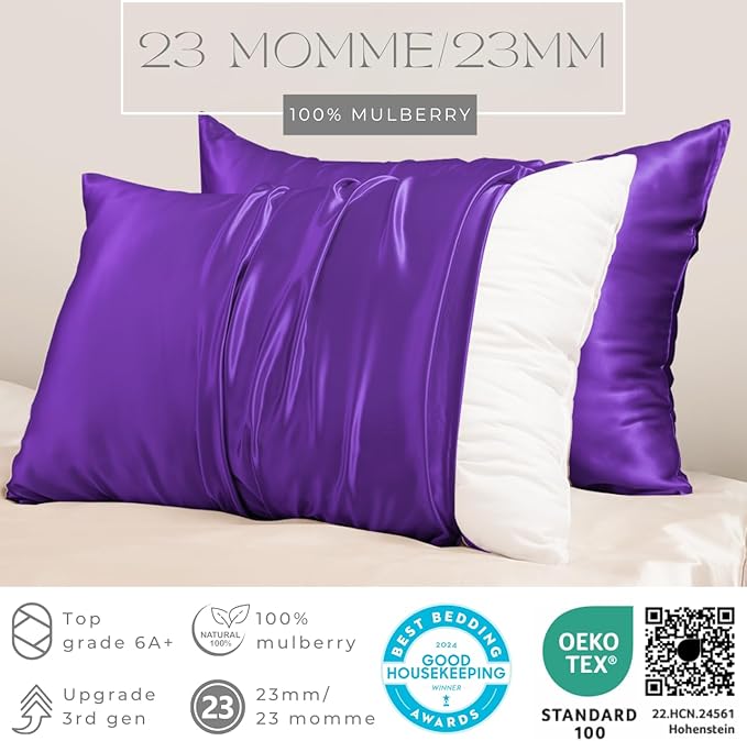 PROMEED 100% Mulberry Silk Pillowcase Set of 2, 23 Momme 3rd Gen Grade 6A+ 100% Mulberry Silk Pillow Cases 2 Pack, Real Silk Pillow Cover for Acne Prone Skin (King 20"x36", Purple)
