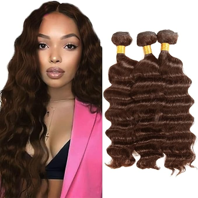 Color 4 Bundles Human Hair Brown Deep Wave Bundle Mixed Length 3 Bundles 20 22 24 Inch Niegmeag Virgin Soft and Sikly Remy Hair Extensions Dark Brown Color