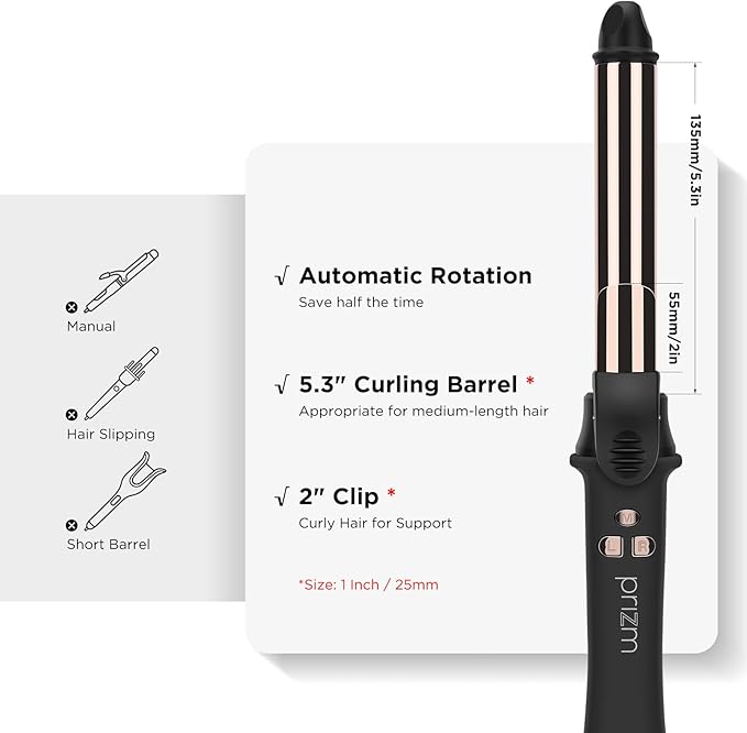 Prizm Rotating Curling Iron, 1inch/25mm Automatic Hair Curler for Long Hair, Self Spinning Barrel, 250-450°F with LCD Display, Auto-Shut Off & Dual Voltage, Black