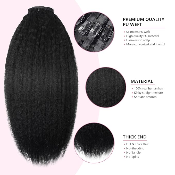 Seamless Clip In Hair Extensions Human Hair Kinky Straight 22inch 120g 8pcs Seamless Clip Ins For Black Women Real Human Hair Extensions Full Head kinky clip ins Invisible Pu Skin Weft Natural Black