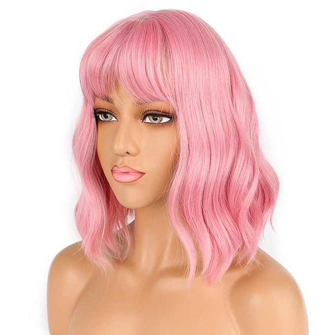 LANICE Short Bob Pink Wigs with Bangs for Women Loose Wavy Hair Shoulder Length Wigs Synthetic Colorful Wigs for Cosplay Daily PartyUse(Pink,12inch)