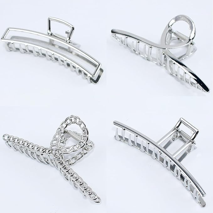 4 Pcs Large Metal Hair Claw Clips for Women, Non-slip Claw Clips with Strong Hold Jaw, Fashion Accessories for Thin Thick Long Curly Hair (Silver2)