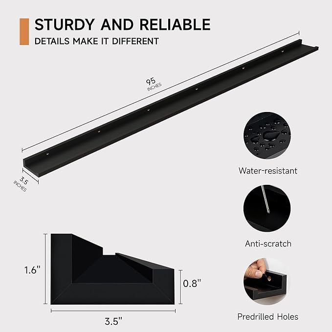 Floating Picture Ledge Shelves for Wall Set of 2, 95 Inches Picture Ledge Shelf with Long Large Nursery Book Shelf for Toys Storage Kids Bookshelf Wall Mounted Living Room Bedroom Decor Frames, Black