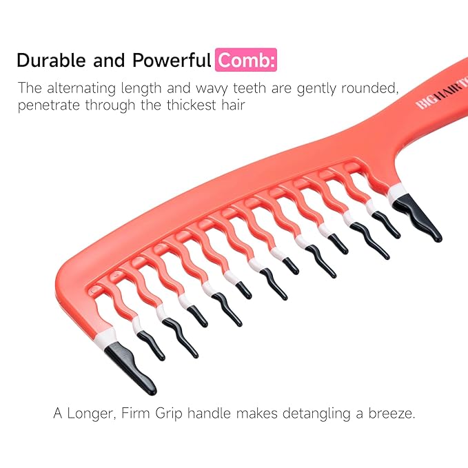 Big Hair Tools Extra Large Wide Tooth Comb for Thick, Curly, Wavy or Long Hair - Frizz-Free Detangling Shower Comb - Big Hair Comb and 2 Dent Free Clips