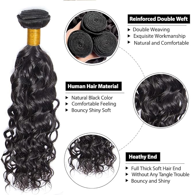 Bundles Human Hair Natural Black Water Wave Bundles 24 Inch Niegmeag Brazilian Virgin Remy Hair Extensions Double Weft Color 1B Wet and Wavy Bundle Hair Weave
