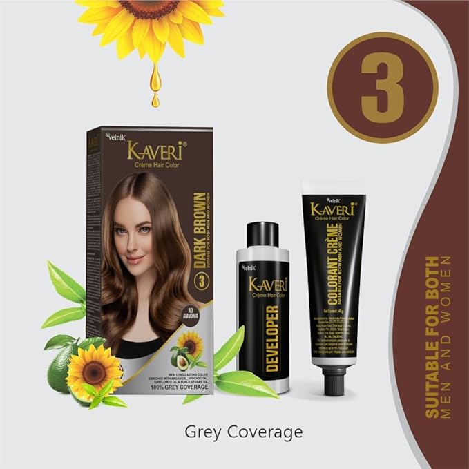 Kaveri Creme Hair Color Permanent Hair Dye Color - With Improved Creme Formula for Gray Coverage Ammonia Free Hair Color Dye for Rich Bright Long lasting (Dark Brown, 3.04 Fl Oz) - Pack Of 3