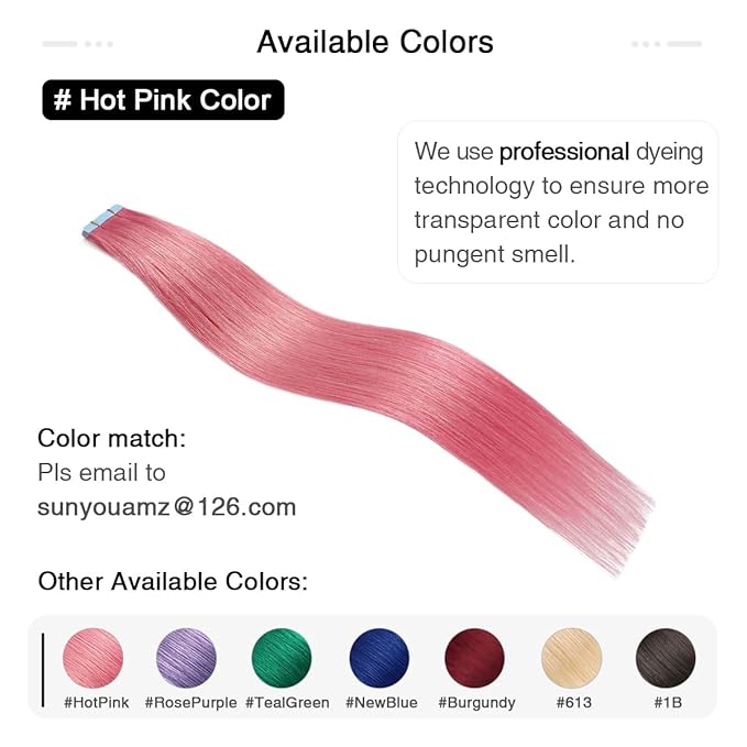 SUYYA Tape in Hair Extensions Human Hair Hot Pink 16 Inch 10PCS/Pack Straight Tape Extensions 20g