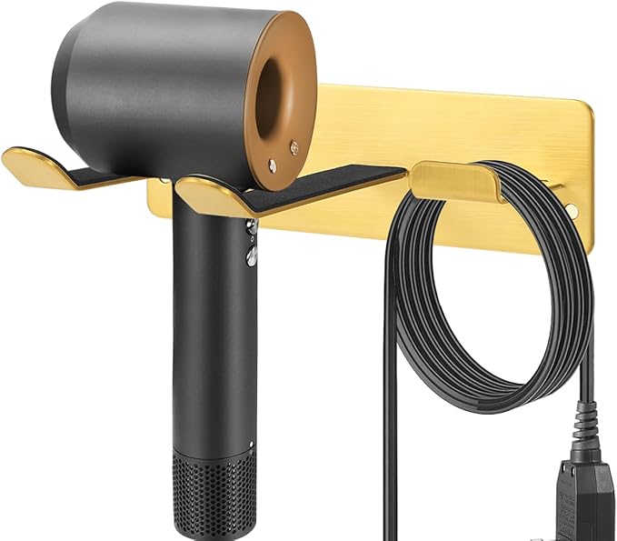 Hair Dryer Holder Wall Mount, Universal Hair Dryer Hanger for Bathroom/Bedroom/Barbershop, 304 Stainless Steel Organizer with 3M Adhesive, No Drilling Space Saver (Gold)