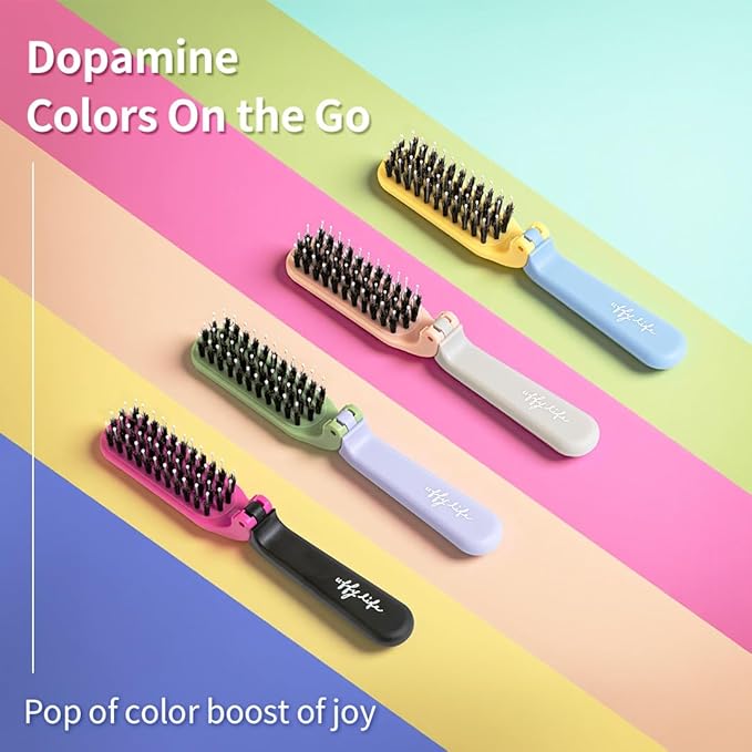 Uffy MiniPop Travel Hair Brush – Mini Folding Boar Bristles for Women, Men & Kids | Kid-Friendly Compact Comb for Wet & Dry Hair, Curly or Straight | Pocket-Size Detangler - Pistachio on Lavender