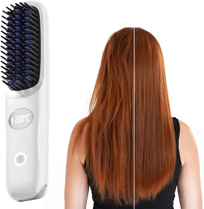 Cordless Hair Straightener Brush: Portable Rechargeable Heated Straightening Comb with LED Display & 3 Temperature Settings - Travel Hair Brush for Smooth Frizz-Free Styling (White)