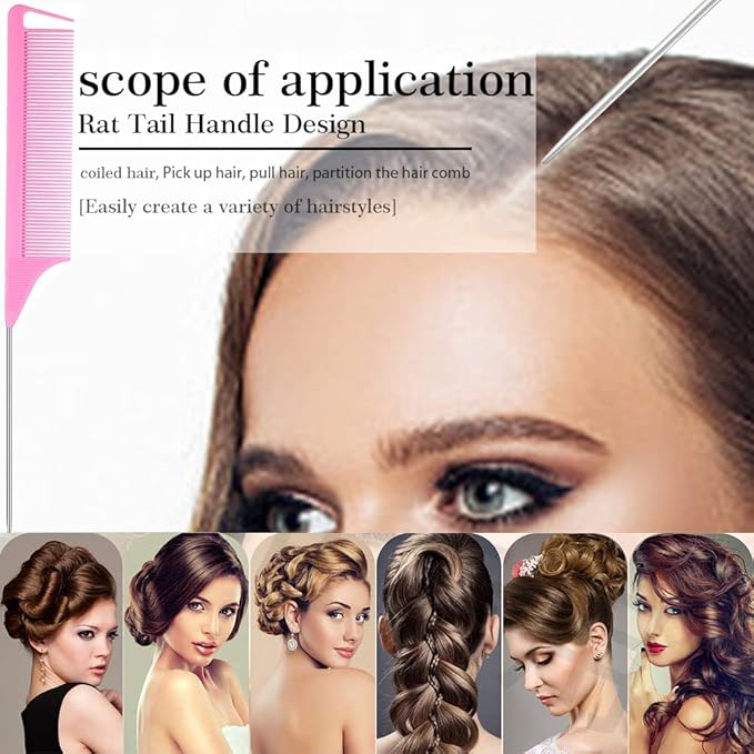 3-in-1 Rat Tail & Stainless Steel Pintail Comb Set - Carbon Fiber Teasing Comb for Braids, Barber Styling & Salon Use - Fine Teeth, Pink & Black