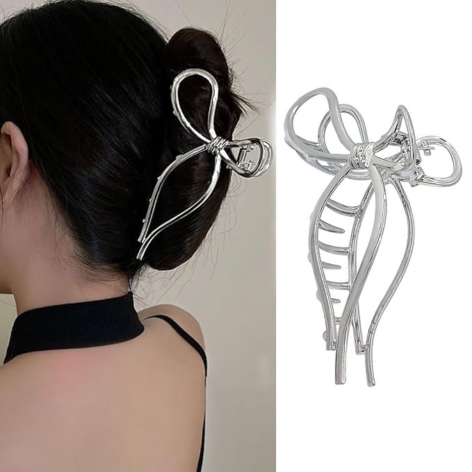 Silvery Bowknot Metal Hair Clips - Elegant Non-Slip Strong Hold Grip Jaw Clips for Thick Hair Accessories