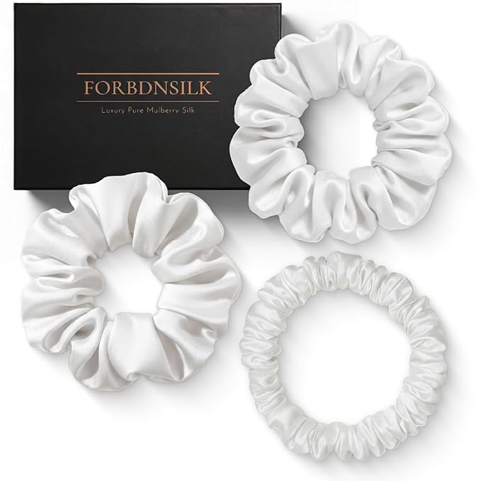 100% Pure 22 Momme Mulberry Silk Scrunchies (Set of 3) | Highest grade (6A) Luxury Hair Ties| (Black,White,Pink) | (White, Standard/Small/Skinny)
