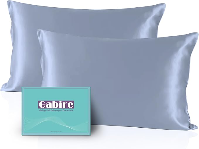 Mulberry Silk Pillow Cases Set of 2, Both Sides Real Silk Pillow Cover for Hair and Skin Cool Pillowcase Organic Silk Pillowcase 2 Pack with Hidden Zipper, Dusty Blue, Queen (20"×30")