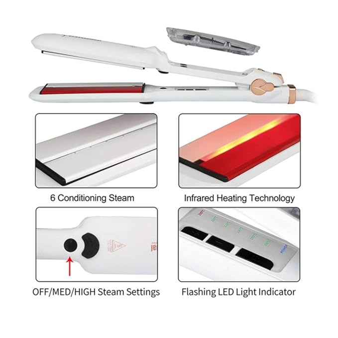 DORISILK Steam Hair Straightener and Curler Iron 2 in 1, Professional Salon Infrared Flat Iron Wide Tourmaline Ceramic Plate, Vapor Straighteners for Hair Instant Heat Up Adjustable Temp, 2 Inch White