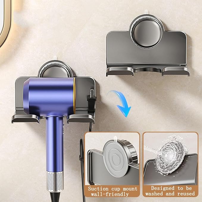 DBlosp Universal Hair Dryer Holder, Metal Suction Hair Tool Organizer Blow Dryer Holder Hair Dryer Holder Wall Mount with Plug&Cord Organizer (Black)