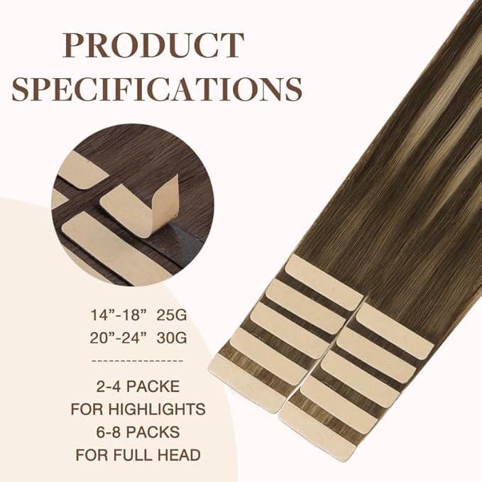 GOO GOO Tape in Hair Extensions Human Hair, 4/26/4 Balayage Chocolate Brown to Honey Blonde, 18inch 25g 10pcs, Skin Weft Seamless Invisible, Silky Straight with Thick Ends, Remy Human Hair