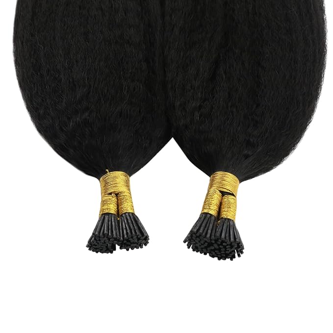 YoungSee Kinky Itip Hair Extensions Real Human Hair Black I Tip Hair Extensions Human Hair Kinky Straight 24 Inch 50g 50s Black Itip Hair Extension for Black Women Long Hair Extension