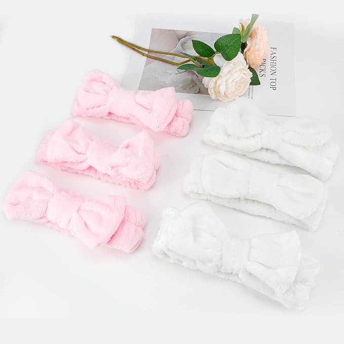 Casoty Spa Headband, 6 Pcs - Soft Coral Fleece Hair Band for Face Washing, Skin Care, Makeup, Shower, Yoga, with Bow Knot, One Size Fits All, Good Elasticity