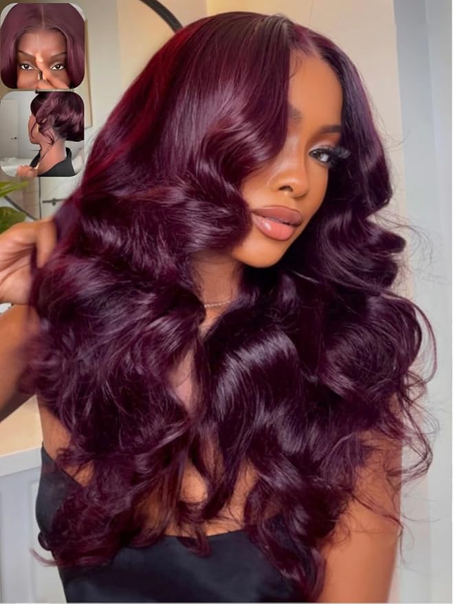 KLAIYI Black Cherry Loose Body Wave Bye Bye Knots Glueless Wig 7x5Precut Lace Front Wigs Human Hair Drawstring Pre Plucked Bleached 30S Ready to Wear and Go Wig with Face Framing Bangs Burgundy 18Inch