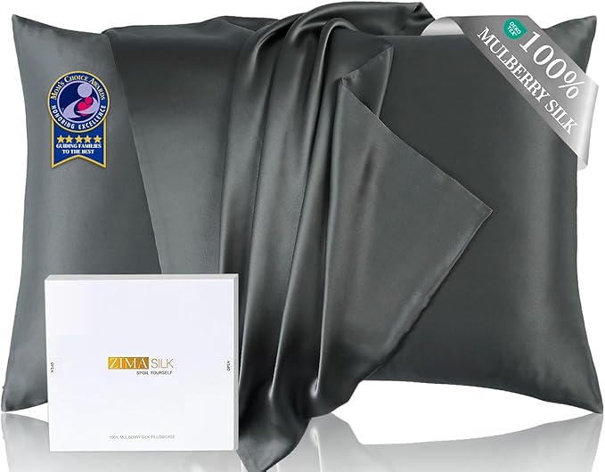 ZIMASILK Upgraded 100% Pure Mulberry Silk Pillowcase for Hair and Skin Silk Pillow Cases with Reinforced Hidden Zipper, More Soft & Durable Grade 6A Silk, Gift Box 1Pc (Queen 20"x30", Charcoal)