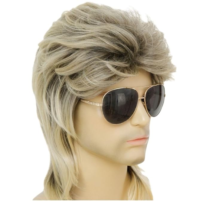 Kaneles Mens Mullet Wigs Dark Root 80s Costumes Halloween Male Wig for Fancy Dress (Dark Root Mix Blonde)