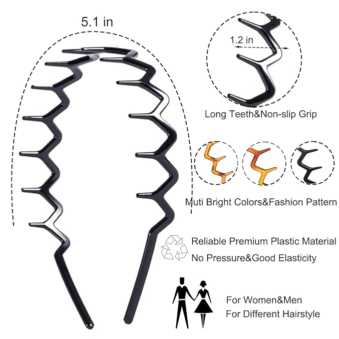6 PCS Zig Zag Headbands Plastic Wavy Hair Head Band Comb with Teeth Hoop Accessories for Women Men Girls, Classic Black&Retro Leopard
